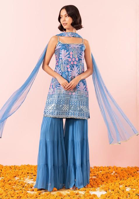 Blue Sharara Set With Floral Print Kurta And Mesh Dupatta