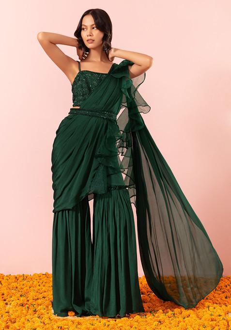 Deep Green Sharara Set With Floral Embellished Blouse And Attached Drape