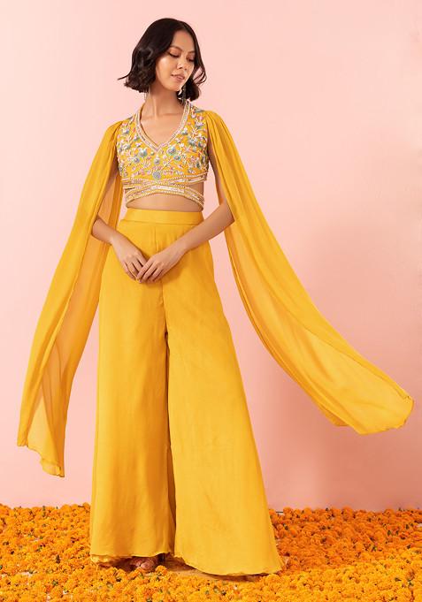 Mustard Sharara Set With Sequin And Pearl Embellished Blouse
