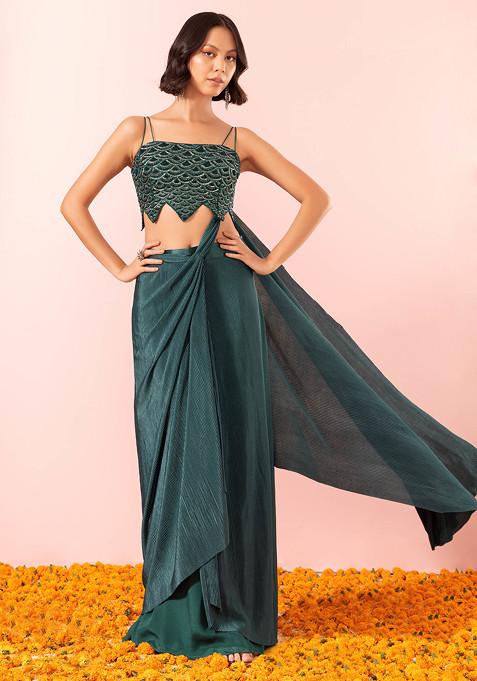 Green Pre-Stitched Saree Set With Scallop Embroidered Blouse