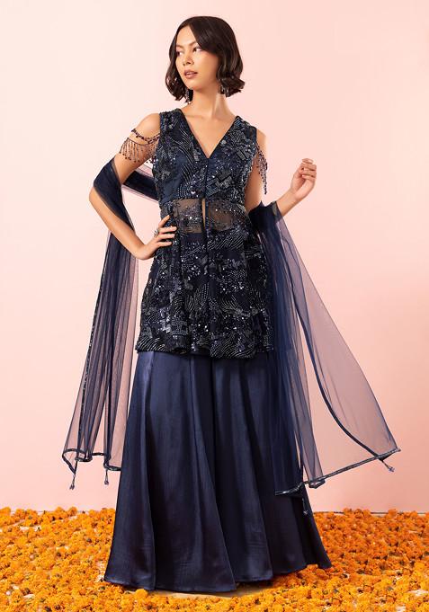 Navy Blue Abstract Sequin Embroidered Kurta Set With Palazzo And Dupatta