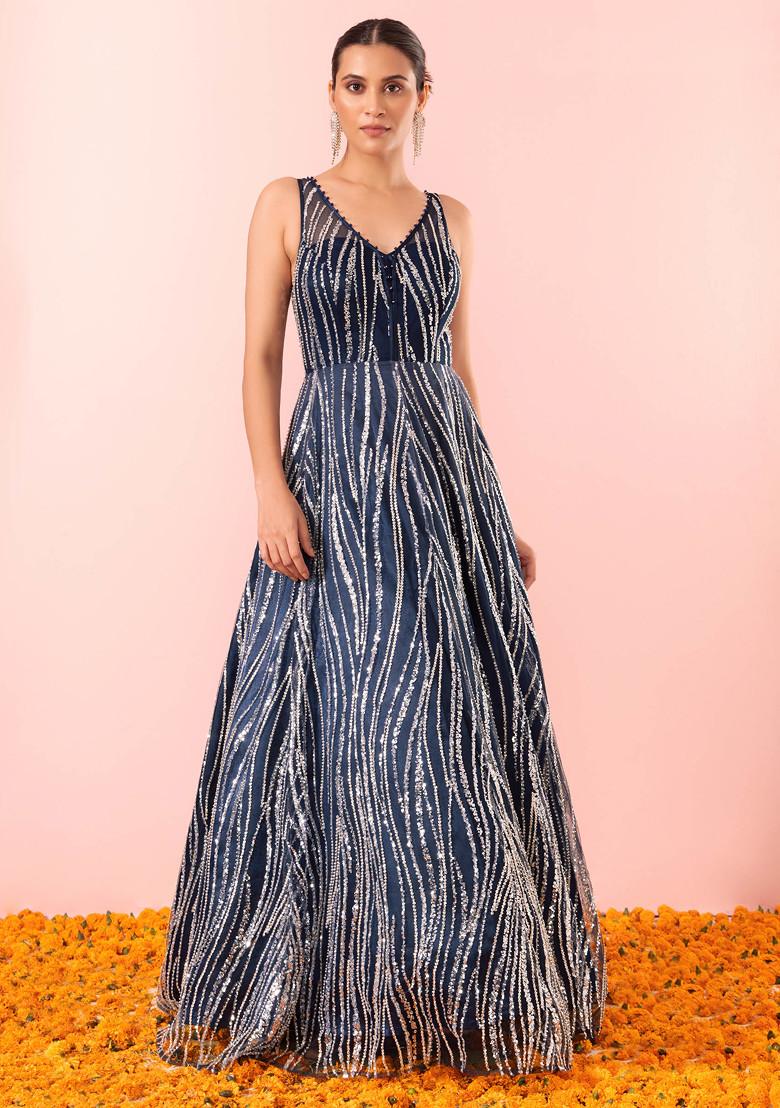 Navy Blue Satin Embroidered Gown