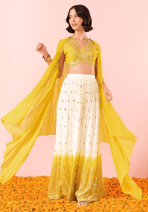 Yellow And Ivory Sequin Thread Embroidered Sharara Set With Embroidered Blouse And Jacket