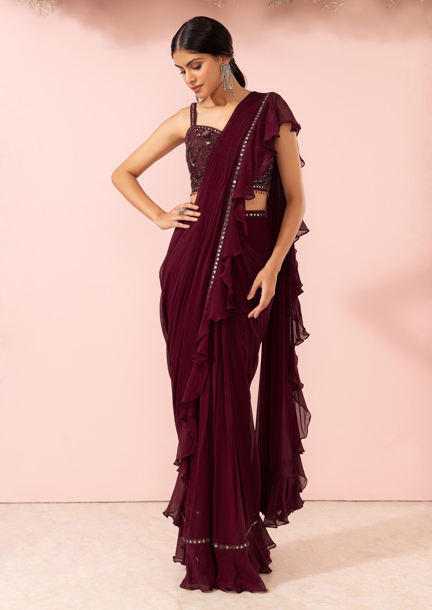 Maroon Color Lycra Ruffle Saree With Coding Embroidery Work