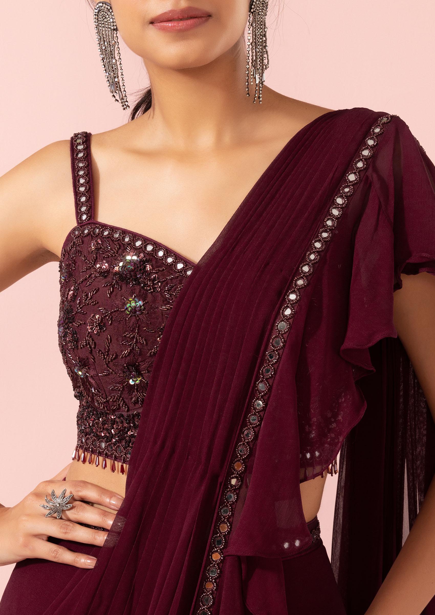 Maroon Tussar Sequin Embellished and Embroidered Front-Open Blouse at Soch