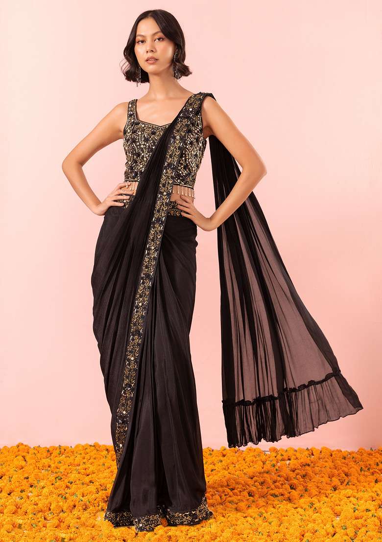 Black Pre-Stitched Saree Set Mirror Embellished Blouse - Indya
