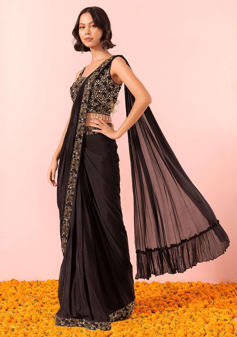 Black Pre-Stitched Saree Set Mirror Embellished Blouse - Indya
