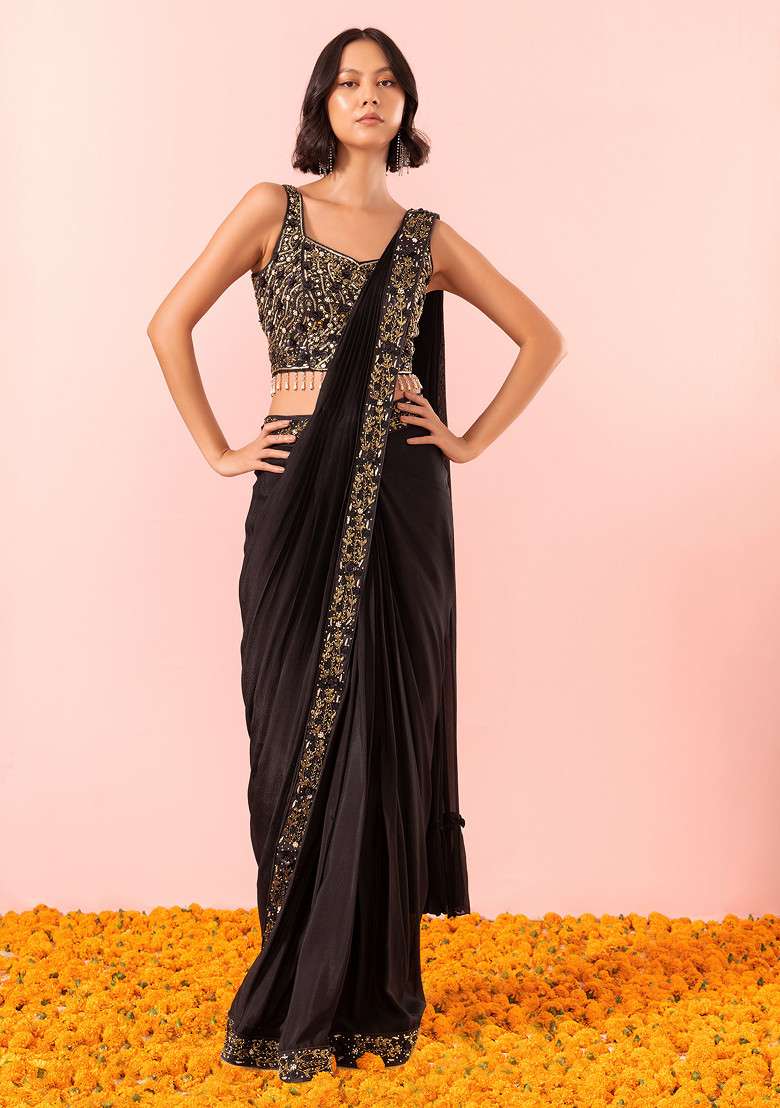 Black Pre-Stitched Saree Set Mirror Embellished Blouse - Indya