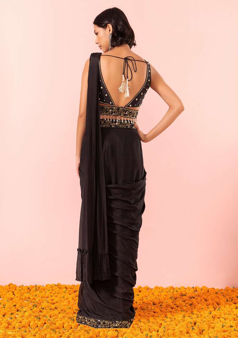 Black Pre-Stitched Saree Set Mirror Embellished Blouse - Indya