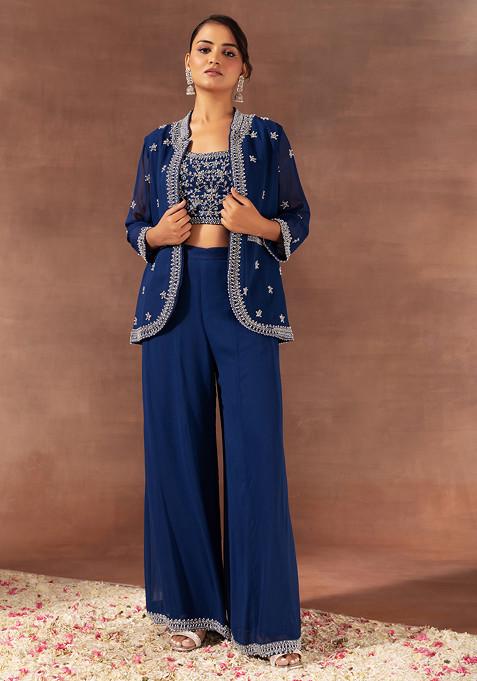 Blue Sharara Set With Pearl Embellished Blouse And Jacket