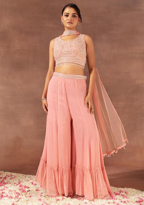 Peach Sharara Set With Pearl Embellished Blouse And Mesh Dupatta