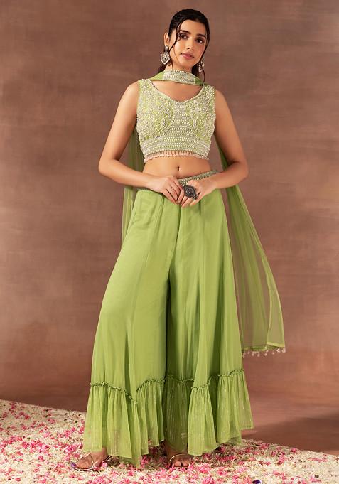 Green Sharara Set With Pearl Embellished Blouse And Mesh Dupatta