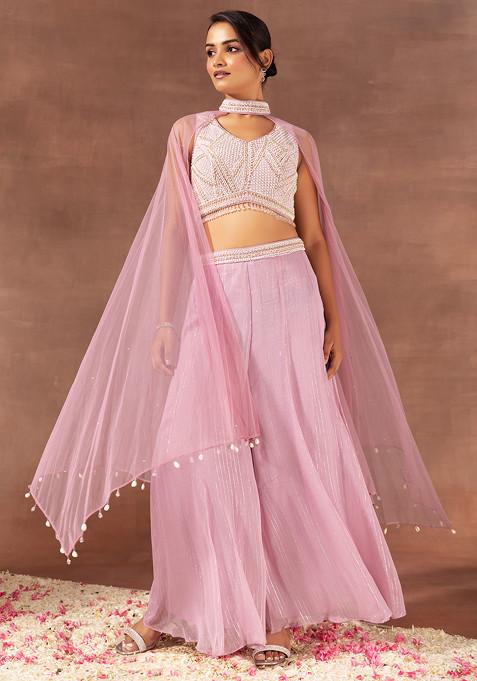 Dull Pink Sharara Set With Pearl Embellished Blouse And Cape Dupatta