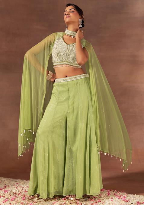 Green Sharara Set With Pearl Embellished Blouse And Cape Dupatta