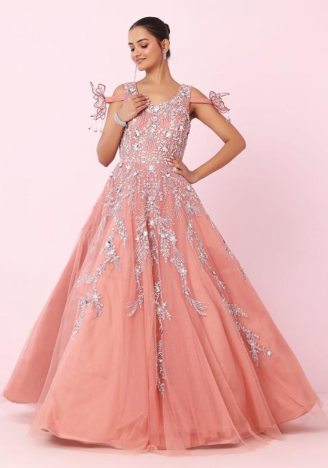 Peach Floral Sequin Embellished Anarkali Gown