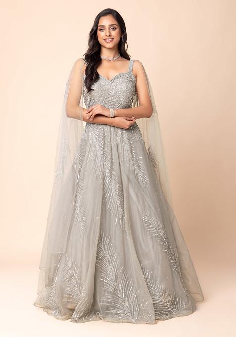 Grey Floral Sequin Embellished Mesh Anarkali Gown