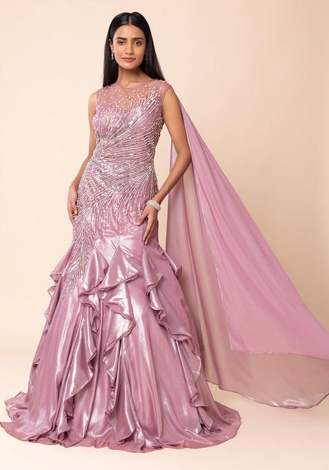 Pink Sequin And Pearl Embellished Shimmer Anarkali Gown
