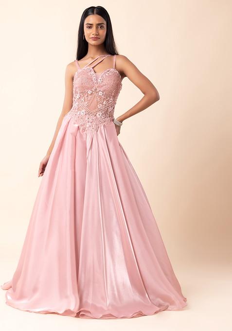 Pastel Pink Sequin And Bead Embellished Anarkali Gown