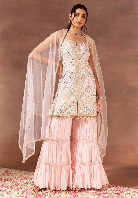 Pastel Pink Sharara Set With Geometric Thread Embroidered Kurta And Dupatta
