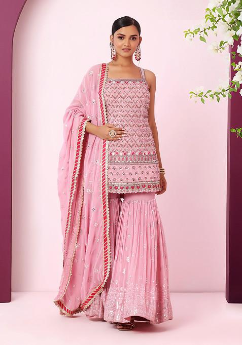 Dull Pink Sharara Set With Mirror Embellished Kurta And Dupatta