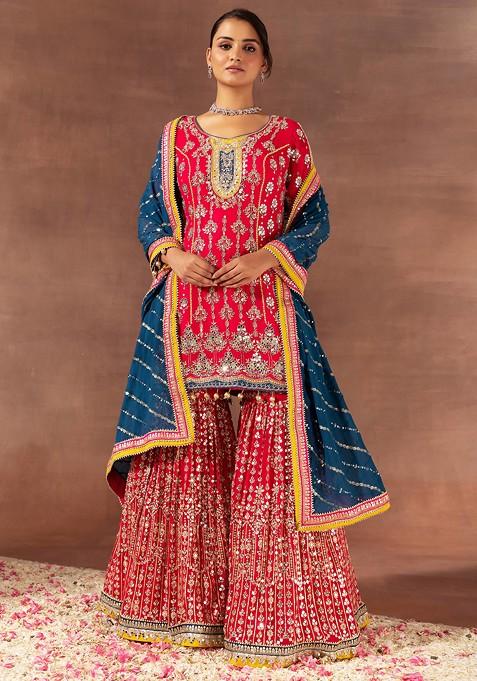 Hot Pink Zari Sequin Embroidered Sharara Set With Embellished Kurta And Dupatta