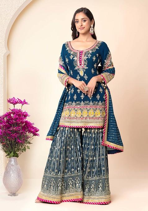 Teal Blue Sequin Embroidered Sharara Set With Embellished Kurta And Dupatta