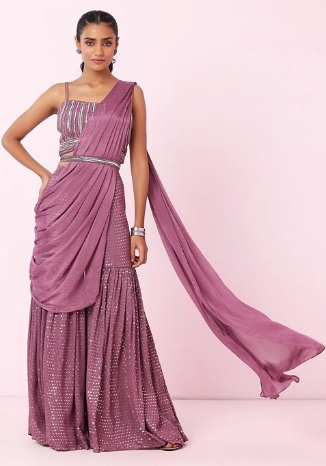 Mauve Geometric Embroidered Sharara And Blouse Set With Attached Dupatta And Belt