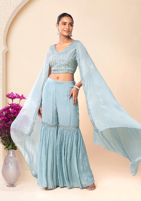 Grey Tiered Sharara Set With Embellished Cape Sleeve Blouse