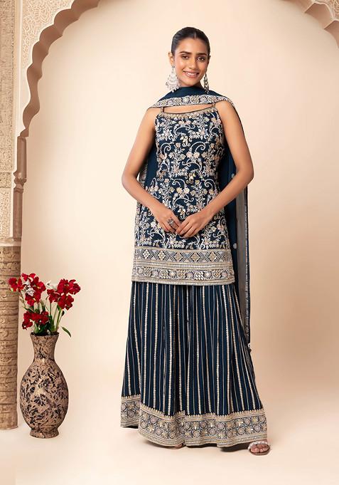 Teal Sequin Thread Embroidered Kurta Set With Flared Pants And Dupatta