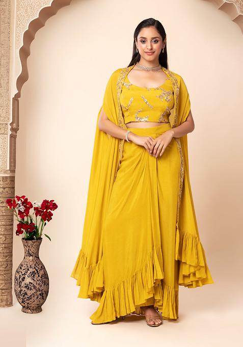 Mustard Jacket Set With Zari Embroidered Blouse And Draped Skirt