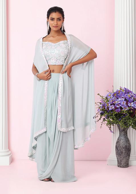 Seafoam Jacket Set With Sequin Embroidered Blouse And Draped Skirt