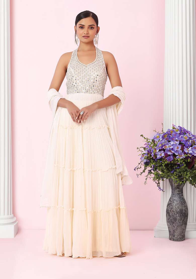 Ivory Mirror Embellished Halter Neck Anarkali Kurta With Dupatta - Indya