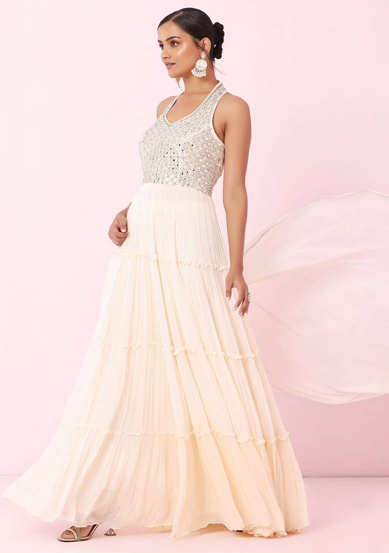 Ivory Mirror Embellished Halter Neck Anarkali Kurta With Dupatta - Indya