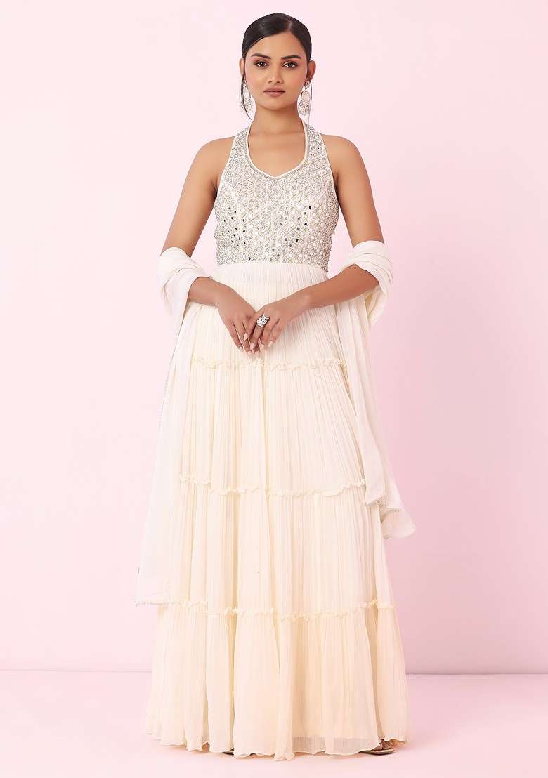 Ivory Mirror Embellished Halter Neck Anarkali Kurta With Dupatta - Indya
