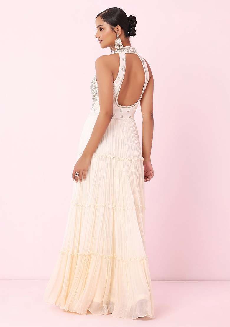 Ivory Mirror Embellished Halter Neck Anarkali Kurta With Dupatta - Indya