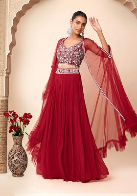 Red Jacket Set With Hand Embroidered Blouse And Palazzo