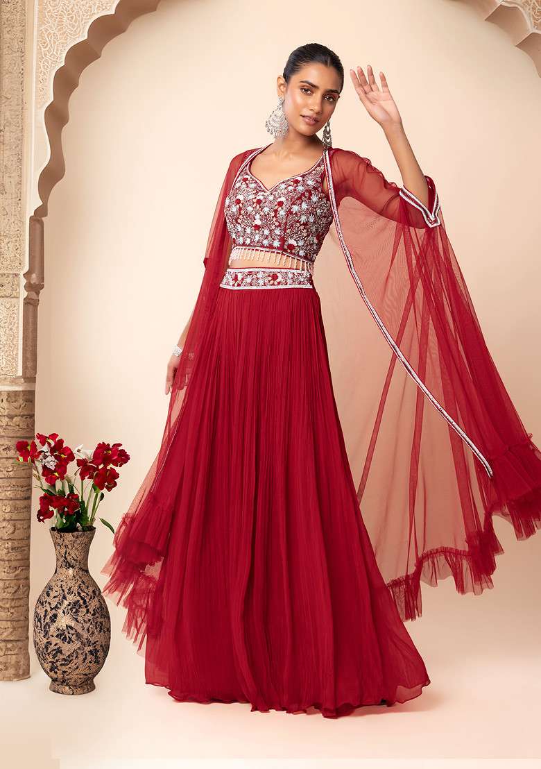 Red Jacket Set With Hand Embroidered Blouse And Palazzo - Indya