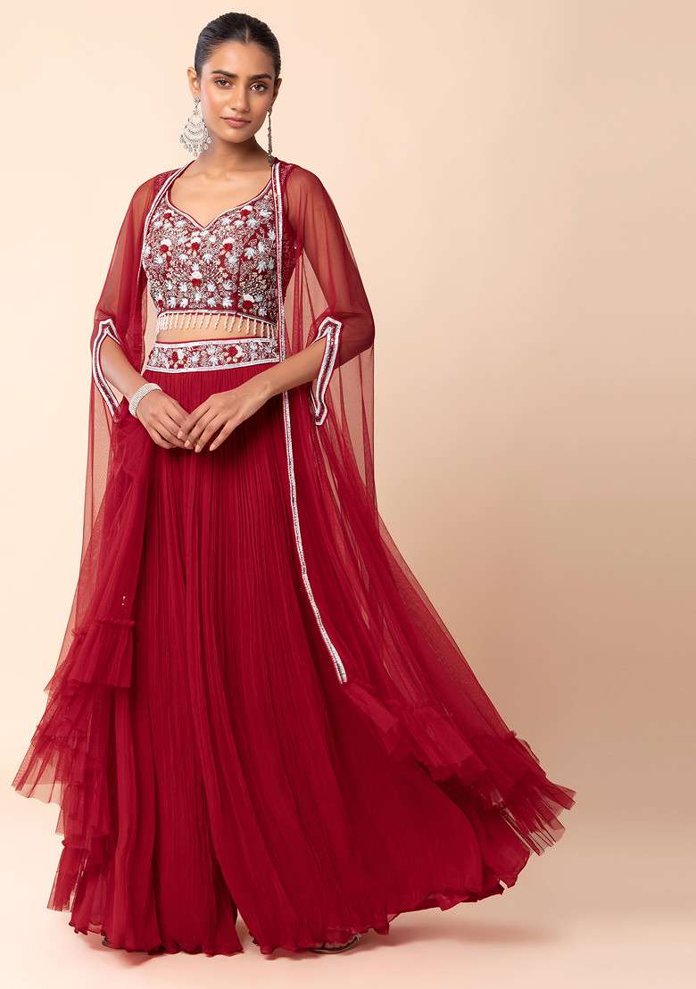 Red Jacket Set With Hand Embroidered Blouse And Palazzo - Indya