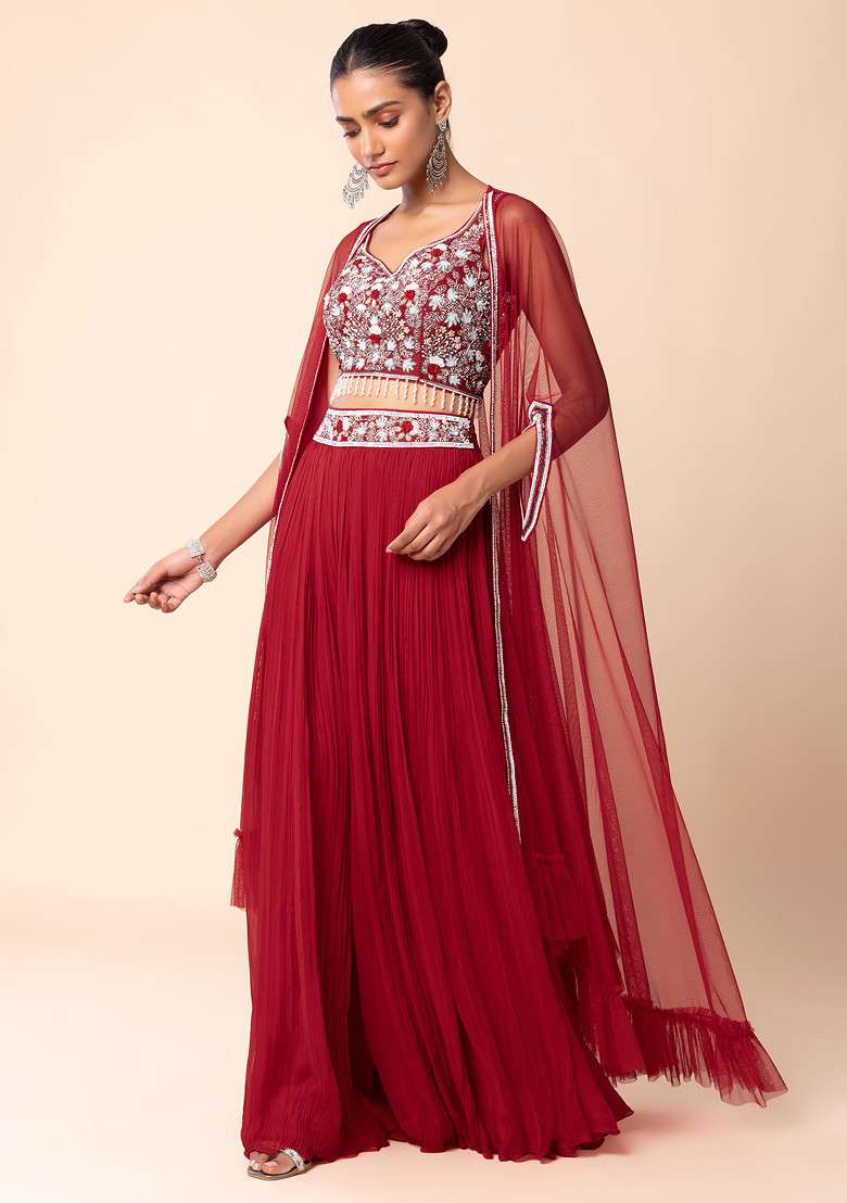 Red Jacket Set With Hand Embroidered Blouse And Palazzo - Indya