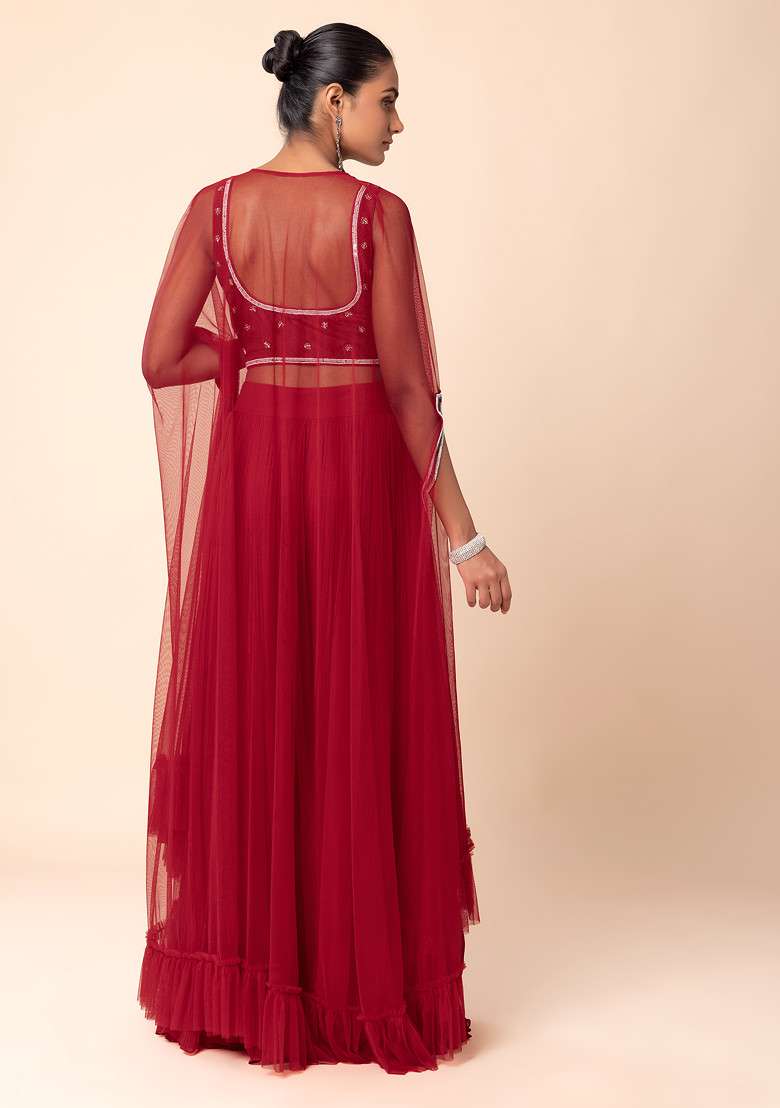 Red Jacket Set With Hand Embroidered Blouse And Palazzo - Indya