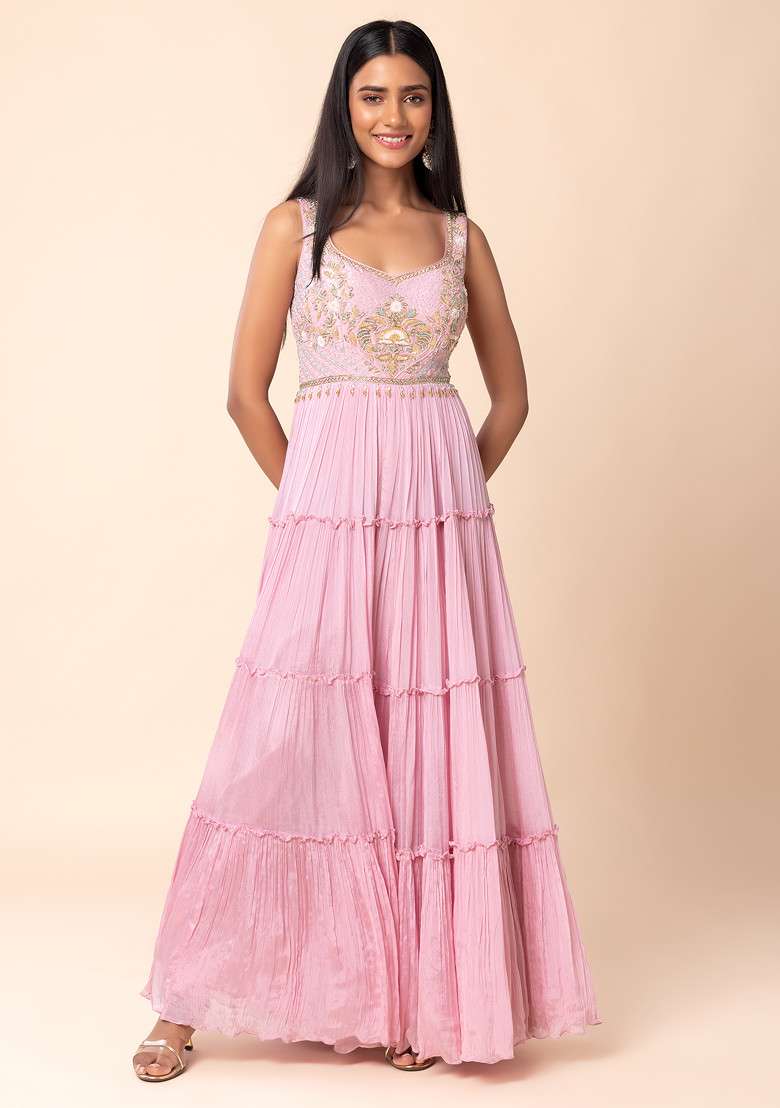Pastel Pink Floral Embroidered Tiered Jumpsuit - Indya