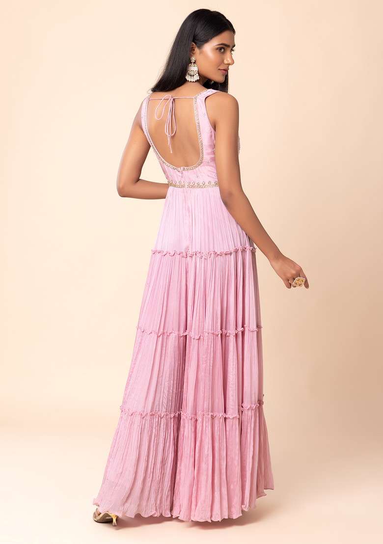 Pastel Pink Floral Embroidered Tiered Jumpsuit - Indya