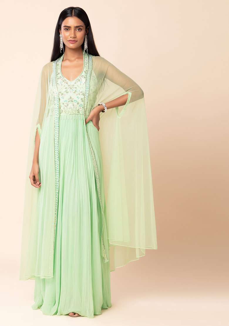 Mint Green Floral Embroidered Jumpsuit With Mesh Jacket - Indya
