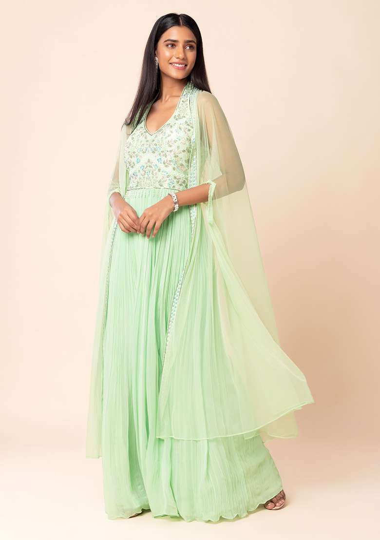 Mint Green Floral Embroidered Jumpsuit With Mesh Jacket - Indya