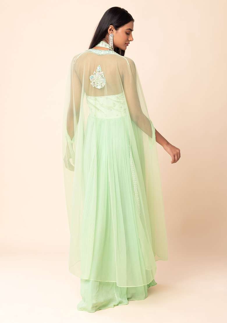 Mint Green Floral Embroidered Jumpsuit With Mesh Jacket - Indya