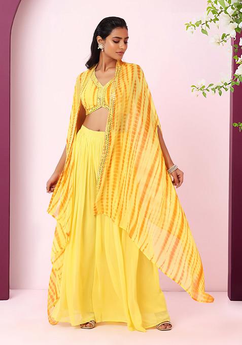 Yellow Sharara Set With Printed Mirror Embroidered Blouse And Jacket