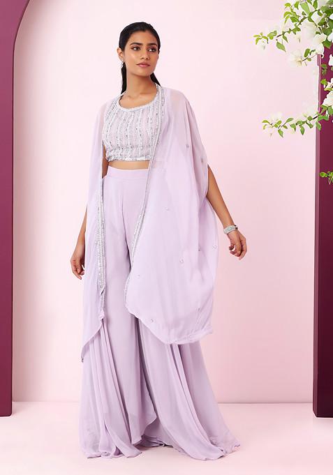 Lavender Sharara Set With Embellished Blouse And Jacket