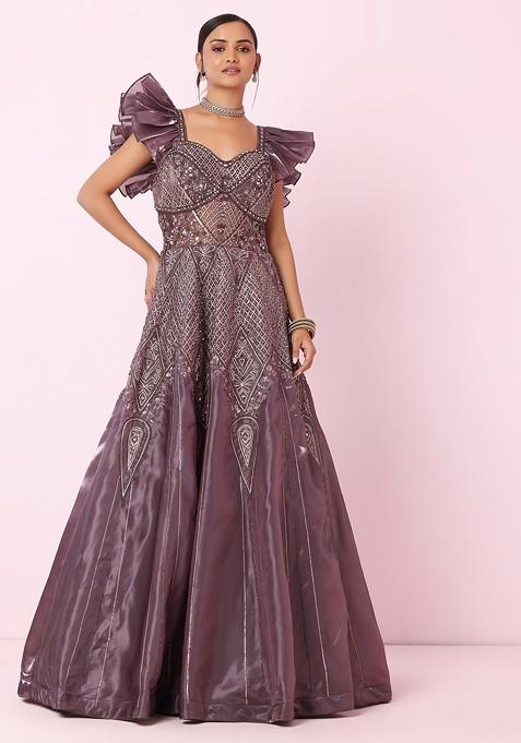 Purple Abstract Hand Embroidered Shimmer Organza Gown