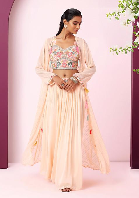 Peach Jacket Set With Multicolour Embroidered Blouse And Palazzo