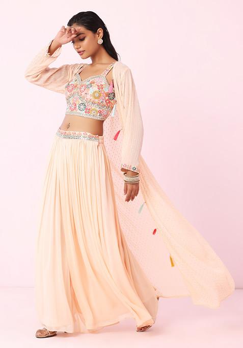 Peach Floral Printed Top & Palazzo with Floral Printed Jacket
